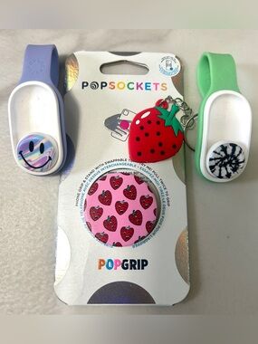 PopSocket Set: 1x Strawberry PopGrip, 1x Lavender Pop Puck, +Extra Strap & Charm